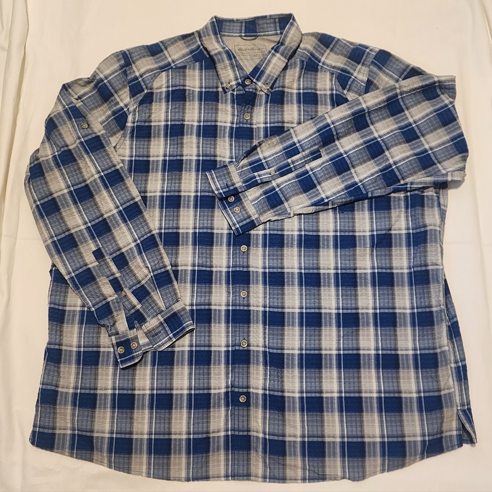 Eddie Bauer Pack It Men's Size 3XLT Blue and White Plaid Seersucker Vented Shirt